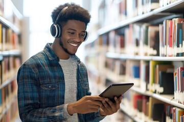 Smiling young black man uses tablet in library. Wears headphones, shirt. Bookshelves filled with books in background. Student studies in calm atmosphere. Library setting peaceful, inviting. Seems