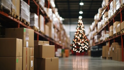 Warehouse with stacked boxes and a decorated Christmas tree, symbolizing holiday preparation and logistics.