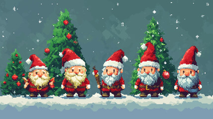 Set of pixel art 8 bit for merry christmas and red cute gnomes collection vector illustration.