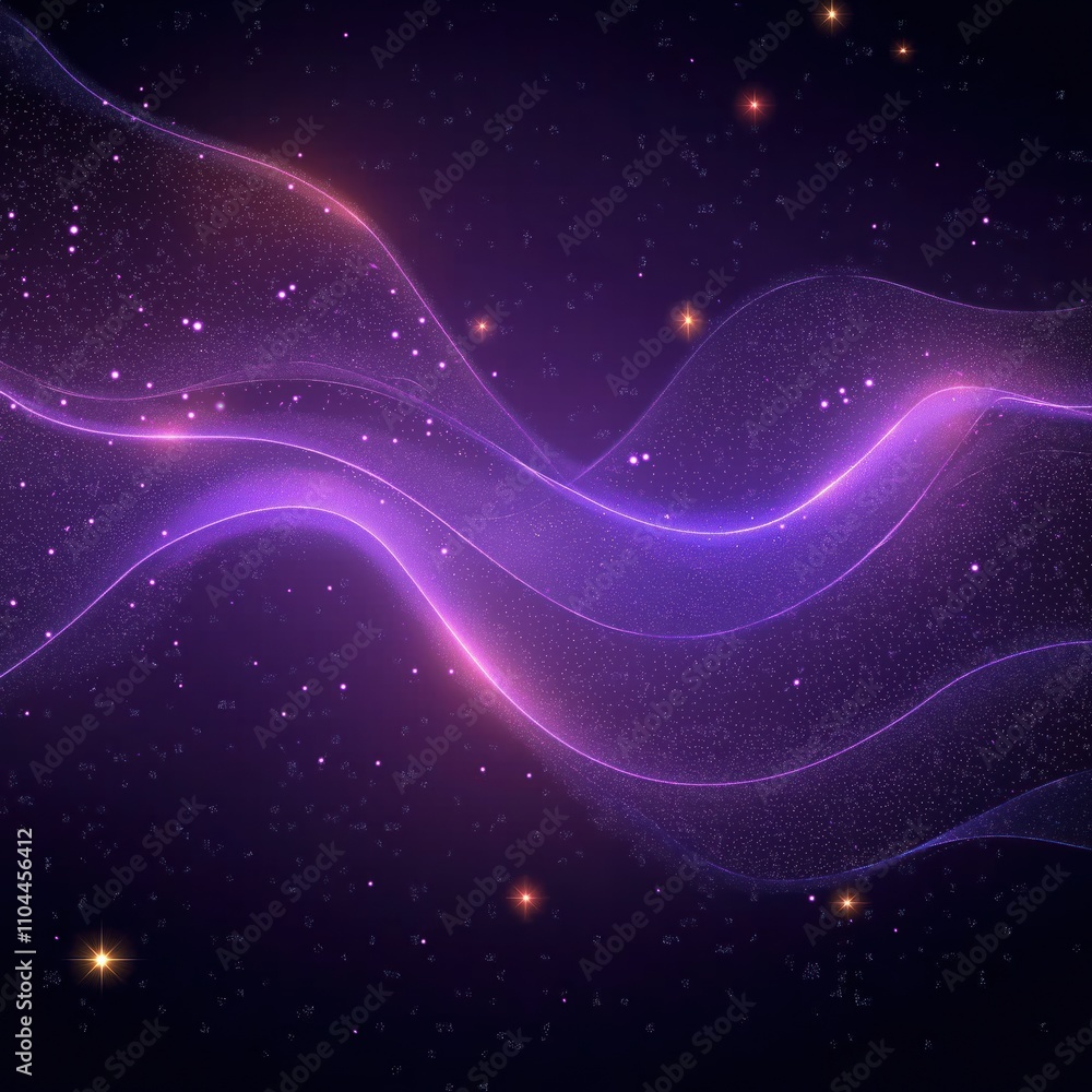 Poster abstract digital purple particles wave background. shining dots, stars create glowing effect. wave p