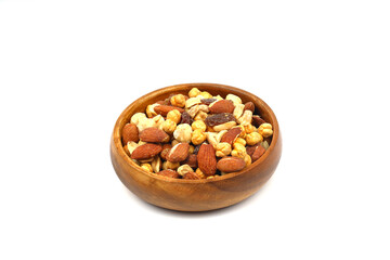 mixed nuts in bowl. Mix of various nuts on white background.