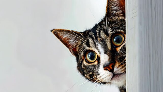 A curious cat peeks out from around the corner on a white background.