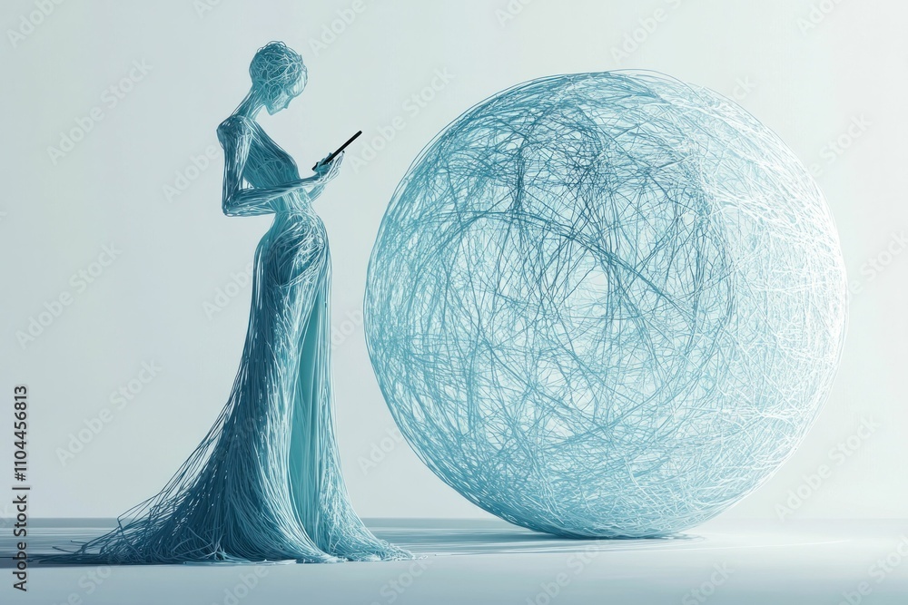 Poster abstract figure with mobile phone surrounded by a large spherical shape, harmonizing technology and 