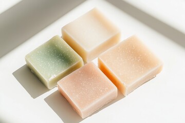 three rectangular soaps in muted earth tones, casting long shadows on a white surface.