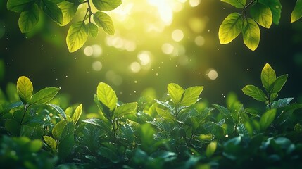 A serene scene of lush green leaves illuminated by soft sunlight, creating a tranquil atmosphere.