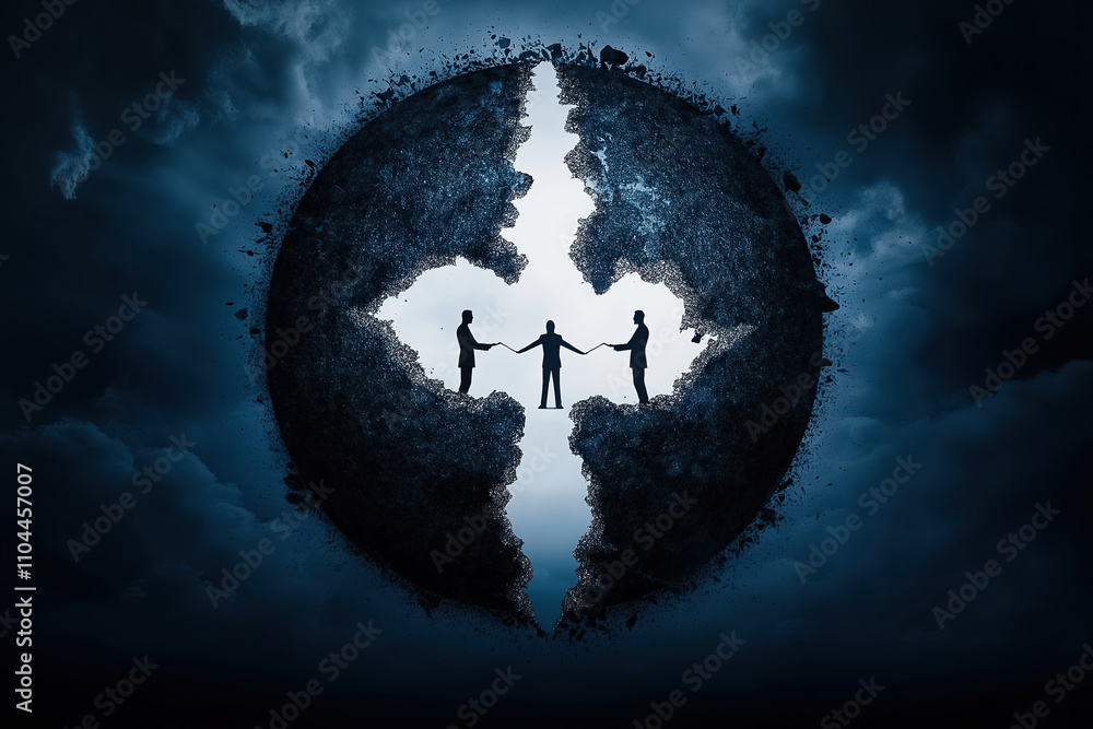 Poster figures stand on either side of a split globe, symbolizing the importance of unity and connection in