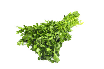 Obraz premium Fresh parsley bunch on white background, top view.