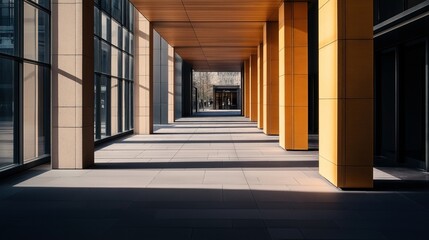 Modern architectural corridor with glass windows, wooden columns, and tiled floor creating geometric patterns of light and shadow.