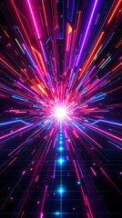 Naklejka premium A kaleidoscopic explosion of neon-lit, geometric shards bursts forth from a central axis, radiating vibrant energy across a darkened grid in futuristic style