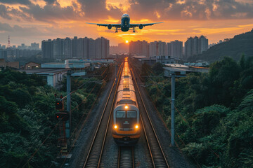 high-speed train and a plane flying above it,.     