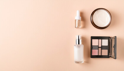Makeup, dropper, cream, mist, spray, foundation, emulsion, moisturizer, colorful, powder, top view
