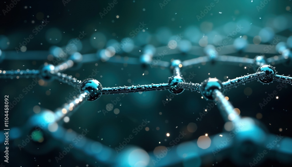 Poster Abstract hexagonal geometric structure represents nanotechnology. Graphene atomic molecular structure. 3D rendering. Futuristic tech illustration. Nanotech concept. Research laboratory environment.