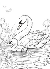swan and cygnet on the water, a coloring page for kids with crisp lines and a white background.