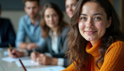 Obraz premium Business team reviews negotiation outcomes, strategies in meeting. Group discussion highlights shared insights, communication for improved business performance. Team members collaborate on project