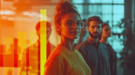 Teamwork and woman as a leader, with an overlay of a growing bar graph. Succes and progress.