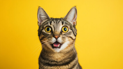 Obraz premium Amazed Tabby Cat on Yellow Background Pet Animal Feline Cute Funny Adorable Portrai