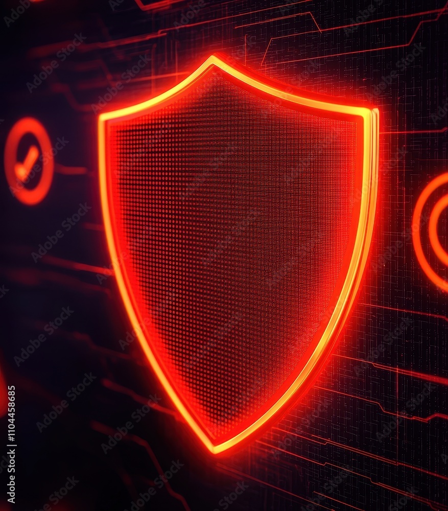 Poster protection against hacking and cyber attacks concept. a glowing red shield icon on a dark digital ba