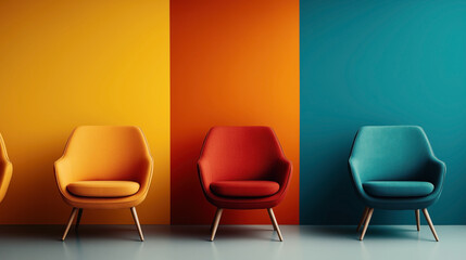Fototapeta premium Three modern armchairs in different colors against a vibrant background with sections of yellow, orange, and teal, showcasing a minimalist and colorful interior design concept.