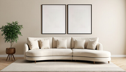 Stylish curved modern sofa in a minimalist living room setting with chic wooden side tables and soft rug with picture on the wall. Beige color