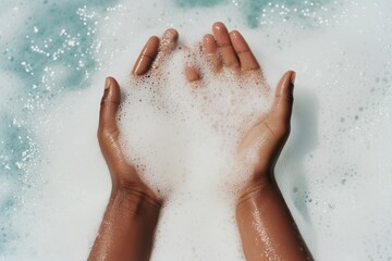 two hands lathered with white foamy suds in motion, creating a tactile and cleansing aesthetic