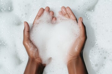 Fototapeta premium two hands lathered with white foamy suds in motion, creating a tactile and cleansing aesthetic