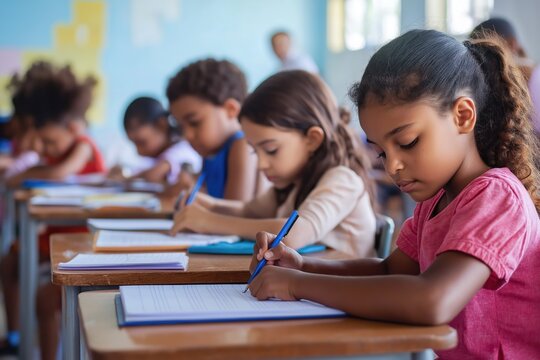 Diverse kids study in classroom. Focused on writing at desks. Education concept. Inclusivity theme. School setting. Learning environment. Classroom activity. Children concentrated. Study session. - Powered by Adobe