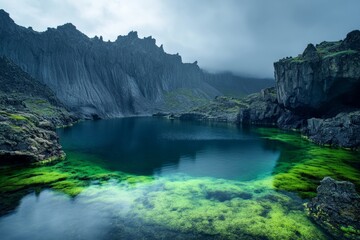A mystical lake with green hues lies beneath looming, rugged rocky cliffs, casting a mysterious atmosphere in an isolated, natural wilderness setting.