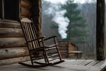 This image features a wooden rocking chair on a porch, with a distant cabin and trees visible through a milky mist. It's a serene, pastoral scene capturing peaceful solitude.