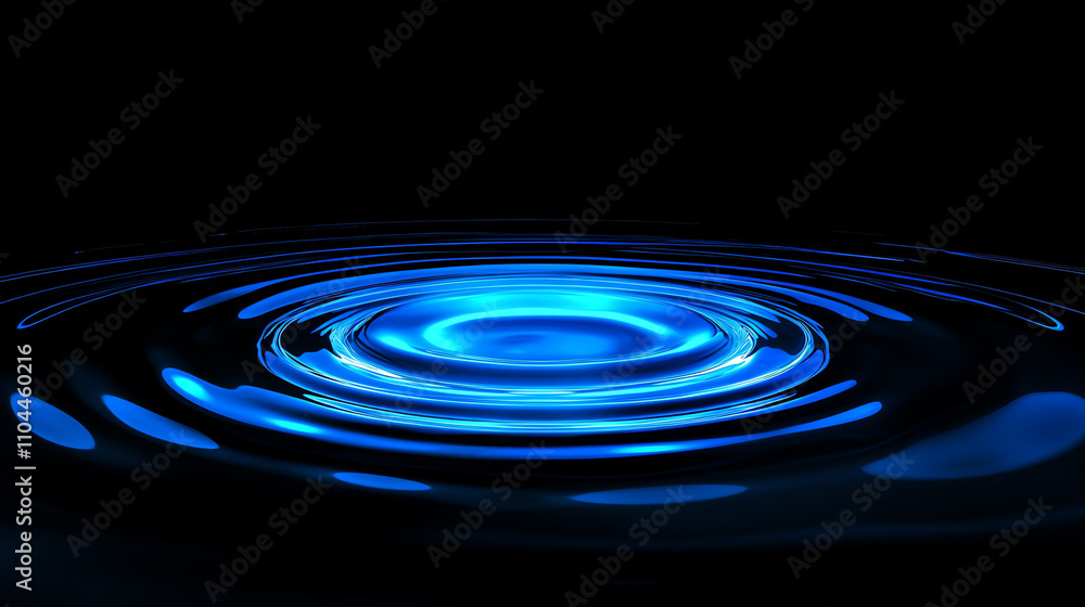 Poster luminescent blue ripple effect spreading across a dark surface in a tranquil environment