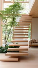 Fototapeta premium Wooden staircase adorned with soft cushions and plants, complemented by open space and natural light enhances simple elegance