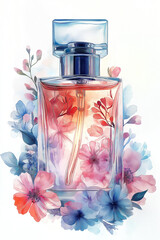 Stylish perfume bottle surrounded by vibrant floral watercolor artwork, embodying elegance and charm