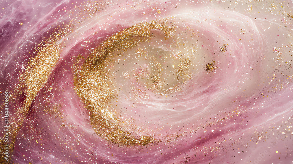 Poster soft swirl of pink and gold glitter particles creates a mesmerizing abstract effect in a serene back