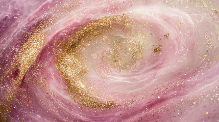 Fototapeta premium Soft swirl of pink and gold glitter particles creates a mesmerizing abstract effect in a serene backdrop
