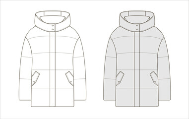 Puffer jacket with high buttoned collar, front pockets, and quilted design shown as a detailed technical sketch in minimalist style