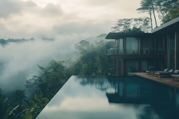 Fototapeta premium A modern infinity pool extends towards the misty horizon surrounded by a lush forest. The elegant retreat offers a serene escape and breathtaking scenic views.