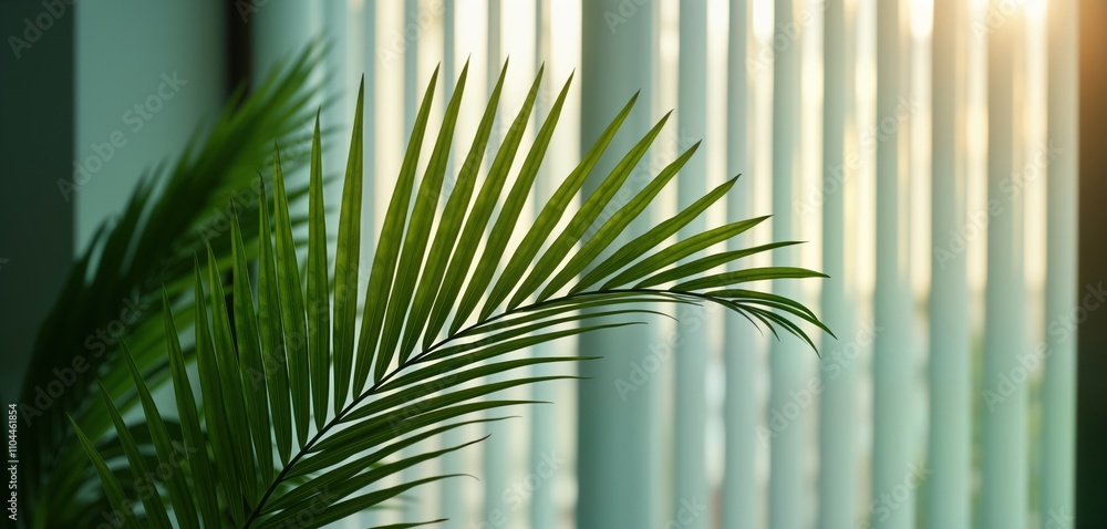 Poster green palm leaf in front of window with white vertical blinds. sunlight streaming through window. fo