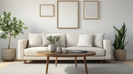A cozy living room featuring a beige sofa, wooden coffee table, and potted plants, creating a warm and inviting atmosphere.