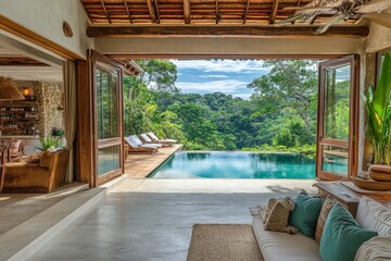 Fototapeta premium An open-plan villa offers a stunning view of a jungle pool, effortlessly blending indoor and outdoor spaces to create a sanctuary that celebrates nature and comfort.
