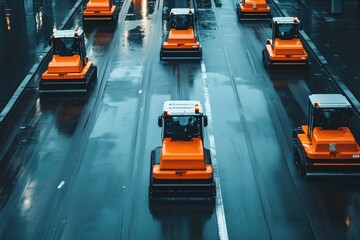Dashboard view of multiple autonomous vehicles operating on a wet urban road in the early morning