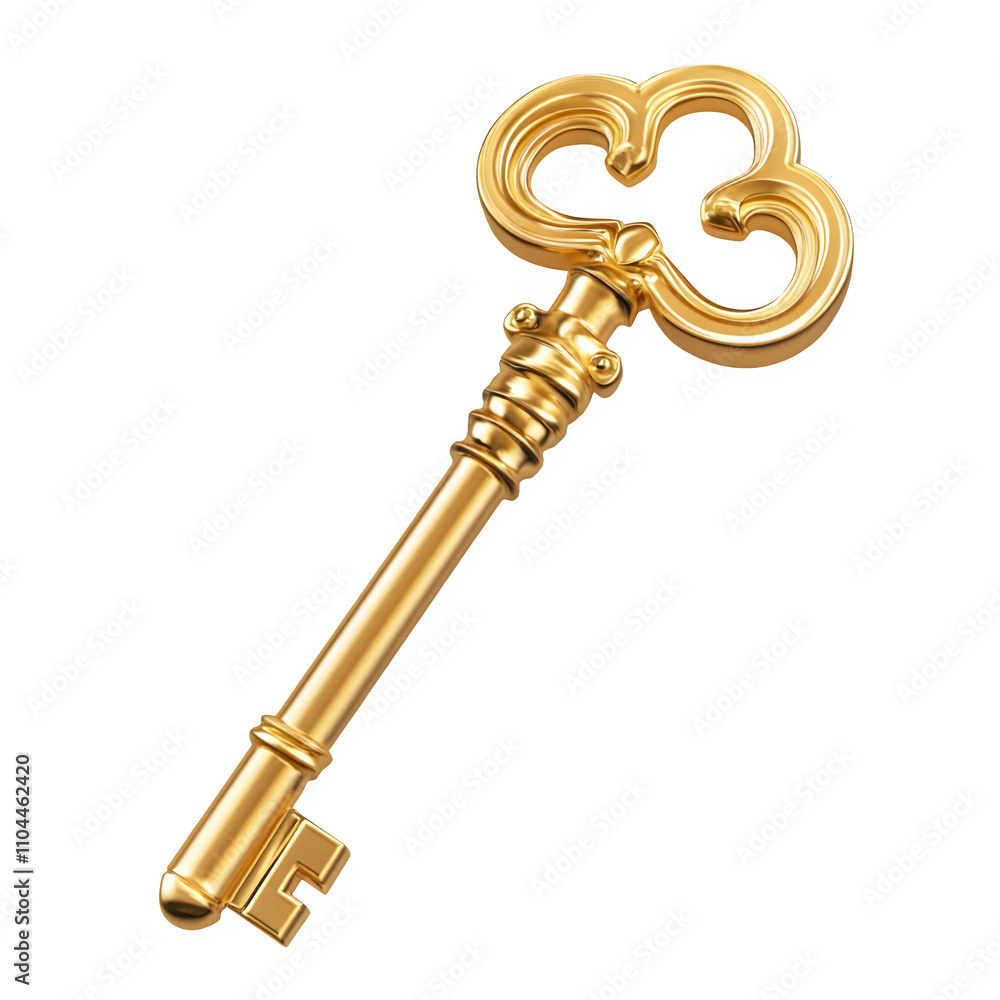 Poster golden key with intricate handle shining on transparent background, representing access, opportunity