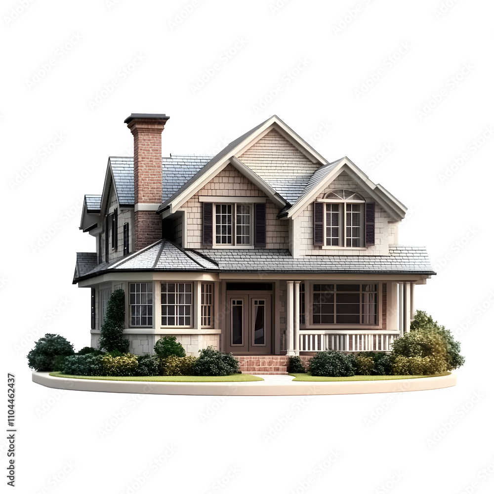 Poster traditional suburban architecture showcased in a charming two-story house on a small plot of land, s