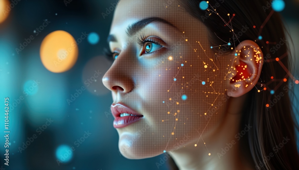 Poster close-up female face profile. ai tech overlay shows face data network. modern tech deepfake face man