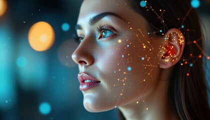 Close-up female face profile. AI tech overlay shows face data network. Modern tech deepfake face manipulation. Woman looks thoughtful. Deepfake impact tech. 21st century entertainment. Future