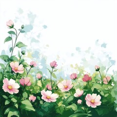 Naklejka premium Pink, white cosmos flowers in green garden. Natural outdoor setting. Beautiful floral image. Soft colors. Ideal for spring, summer, floral themed design. Perfect for home decor, cards, fabric.