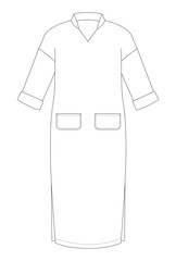 Long straight dress with a V-neck collar, rolled-up sleeves, front patch pockets, and side slits illustrated as a minimalist technical sketch