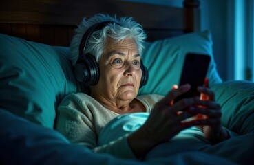 Elderly woman uses phone in bed at night. Wears headphones. Clearly awake, engaged with phone. Dark in bedroom. Appears stressed. Photo evokes feelings of insomnia, technology addiction.