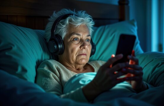 Elderly woman uses phone in bed at night. Wears headphones. Clearly awake, engaged with phone. Dark in bedroom. Appears stressed. Photo evokes feelings of insomnia, technology addiction.