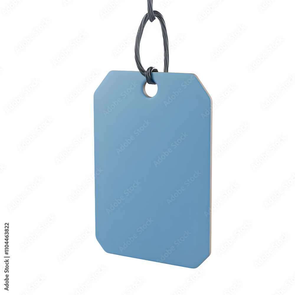 Poster light blue blank tag suspended from a metal wire on a clear backdrop, ideal for personalized text or