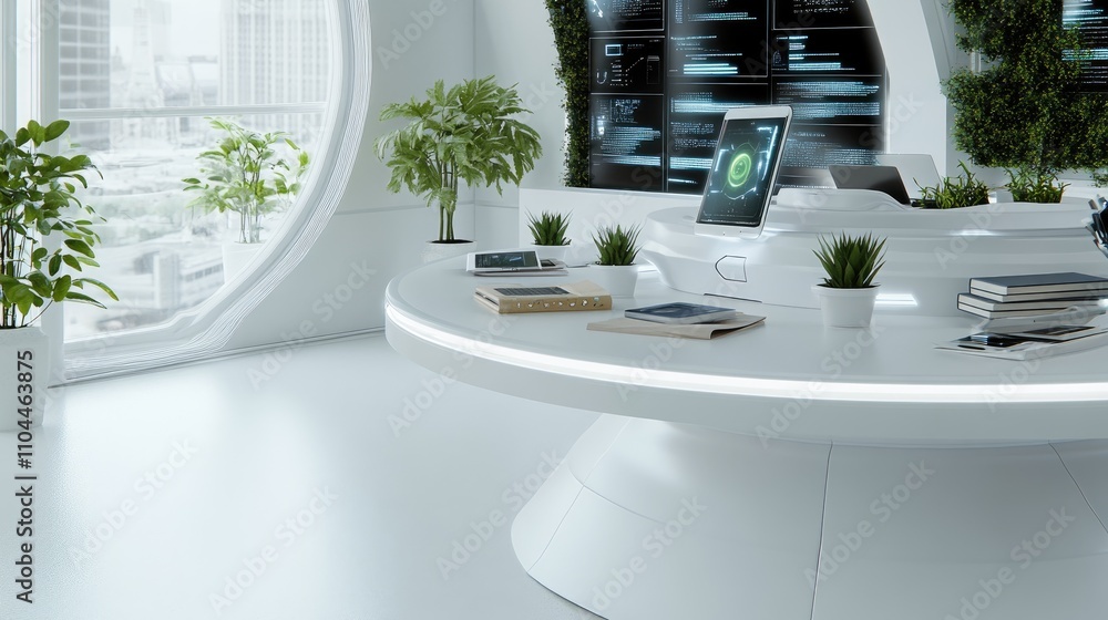 Aufkleber white isometric podium features holographic digital screens linked to various devices, emphasizing i