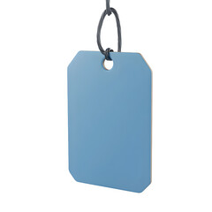 Fototapeta premium Light blue blank tag suspended from a metal wire on a clear backdrop, ideal for personalized text or graphics